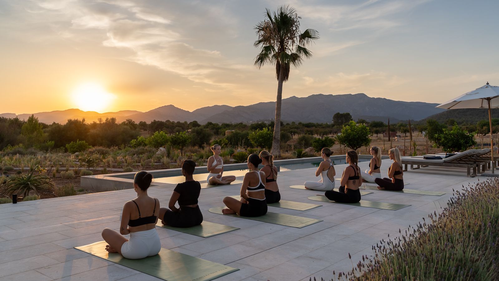 Sunset yoga session on a finca terrace with palm tree and Tramuntana mountains, Mallorca